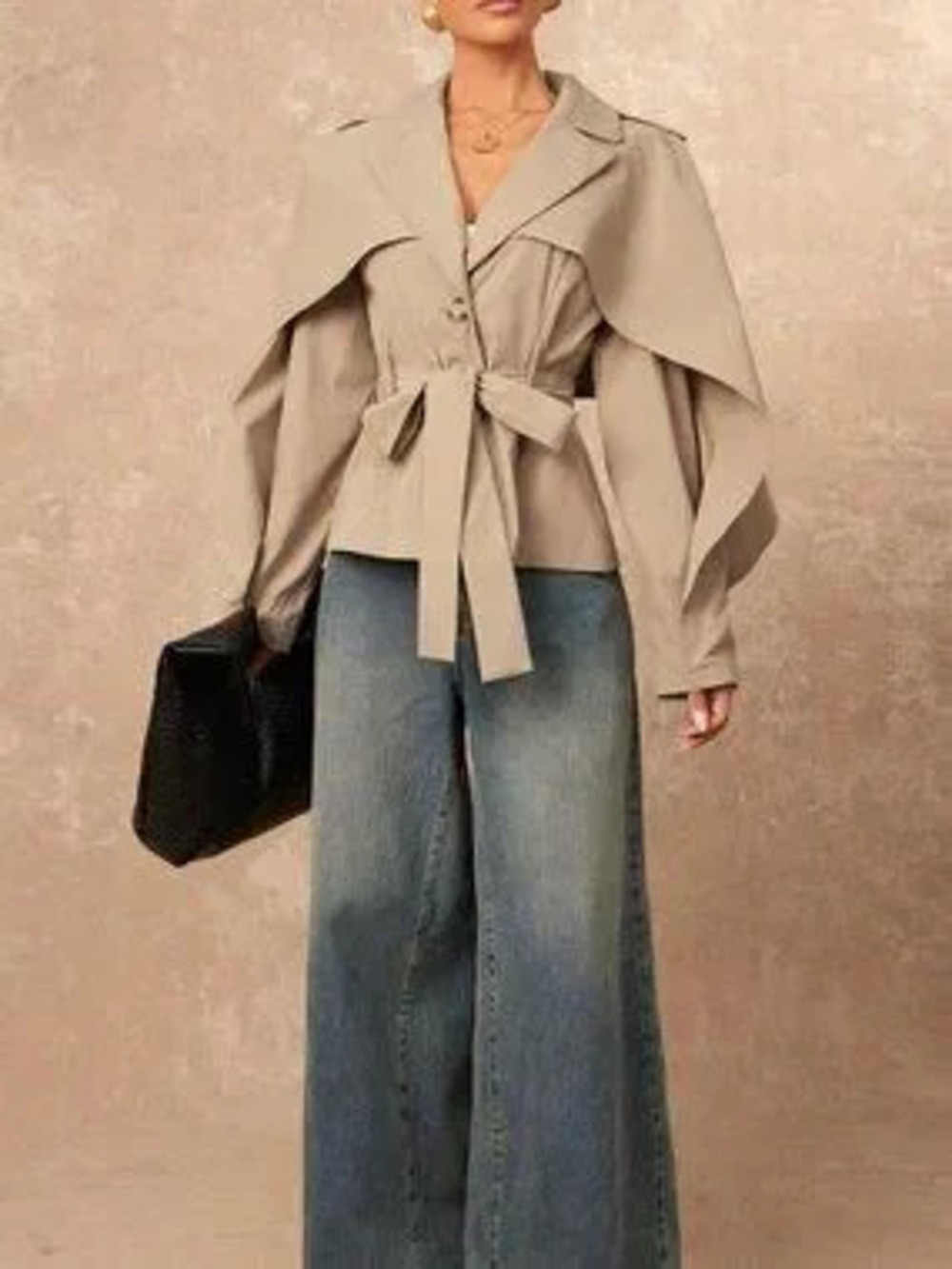 ZARA Khaki Elegant Women's Office Shawl Collar Luxury Trench Coat